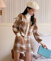 チェックカーディガンスカートセットアップ