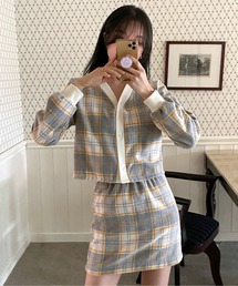 チェックカーディガンスカートセットアップ