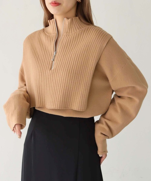HER CLOSET(ハークローゼット)の「【shemoshelly】ハーフZIPレイヤードニット(ニット/セーター・レディース・チャコールグレー/ブラック/ベージュ/グリーン/アイボリー・M)」の4枚目の写真