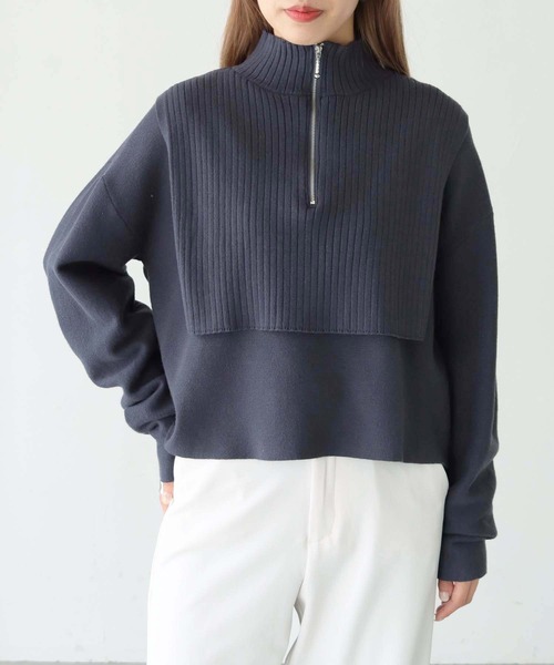 HER CLOSET(ハークローゼット)の「【shemoshelly】ハーフZIPレイヤードニット(ニット/セーター・レディース・チャコールグレー/ブラック/ベージュ/グリーン/アイボリー・M)」の3枚目の写真