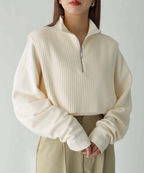 HER CLOSET(ハークローゼット)の「【shemoshelly】ハーフZIPレイヤードニット(ニット/セーター・レディース・チャコールグレー/ブラック/ベージュ/グリーン/アイボリー・M)」の6枚目の写真