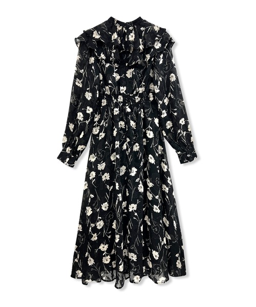 ANDGEEBEE（アンジービー）の「フラワーフリル襟ワンピ（ワンピース・レディース・ブラック/ベージュ・MEDIUM）」の4枚目の写真