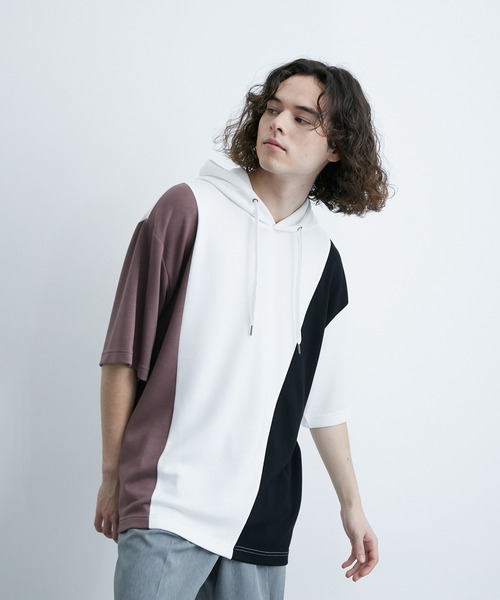 JUNRED（ジュンレッド）の「エアーシルケットカラーブロッキング半袖プルパーカー（パーカー・メンズ・ホワイト/ダークブラウン/ネイビー・LL/M/L）」の3枚目の写真