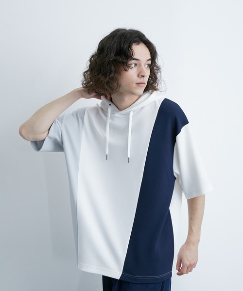 JUNRED（ジュンレッド）の「エアーシルケットカラーブロッキング半袖プルパーカー（パーカー・メンズ・ホワイト/ダークブラウン/ネイビー・LL/M/L）」の2枚目の写真