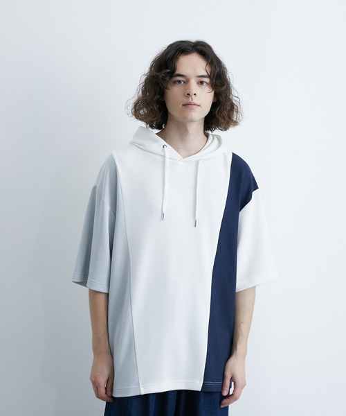 JUNRED（ジュンレッド）の「エアーシルケットカラーブロッキング半袖プルパーカー（パーカー・メンズ・ホワイト/ダークブラウン/ネイビー・LL/M/L）」の4枚目の写真