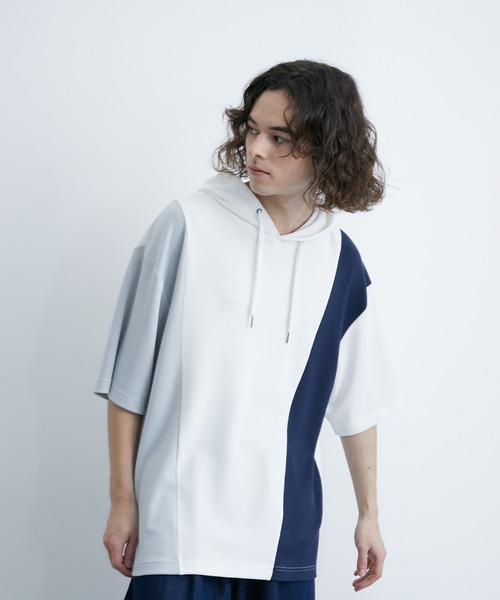 JUNRED（ジュンレッド）の「エアーシルケットカラーブロッキング半袖プルパーカー（パーカー・メンズ・ホワイト/ダークブラウン/ネイビー・LL/M/L）」の5枚目の写真