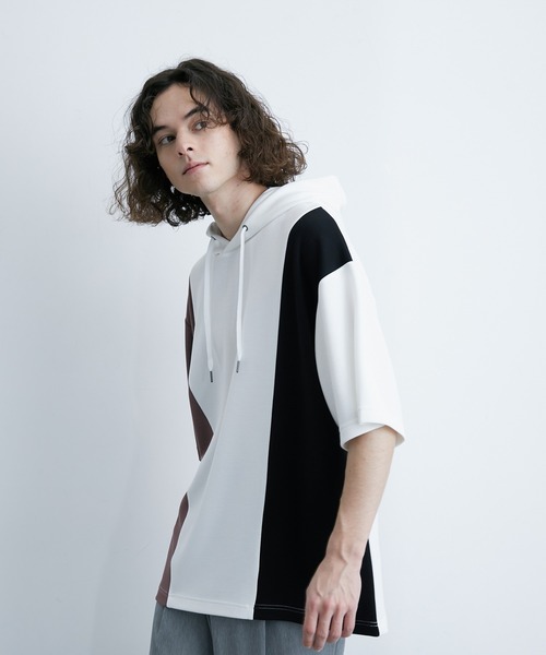 JUNRED（ジュンレッド）の「エアーシルケットカラーブロッキング半袖プルパーカー（パーカー・メンズ・ホワイト/ダークブラウン/ネイビー・LL/M/L）」の7枚目の写真