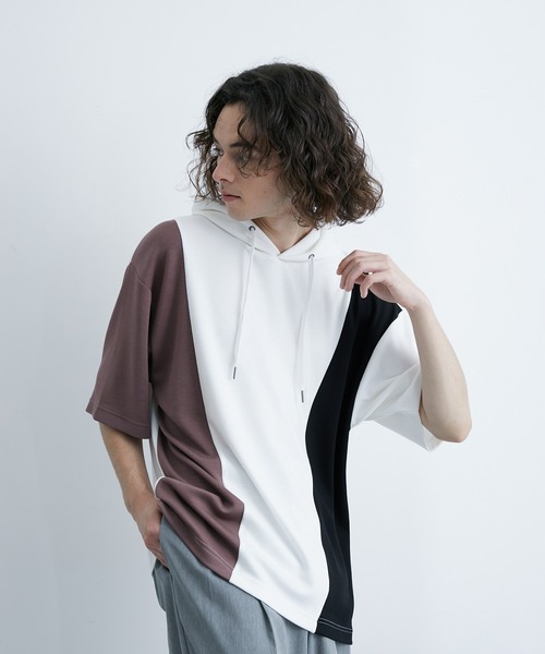 JUNRED（ジュンレッド）の「エアーシルケットカラーブロッキング半袖プルパーカー（パーカー・メンズ・ホワイト/ダークブラウン/ネイビー・LL/M/L）」の8枚目の写真