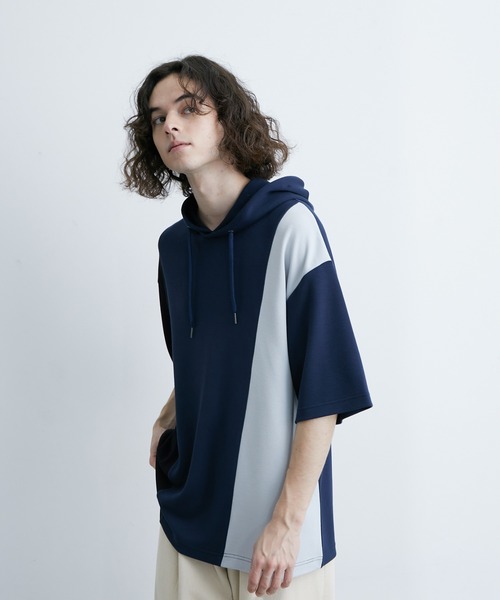 JUNRED（ジュンレッド）の「エアーシルケットカラーブロッキング半袖プルパーカー（パーカー・メンズ・ホワイト/ダークブラウン/ネイビー・LL/M/L）」の11枚目の写真