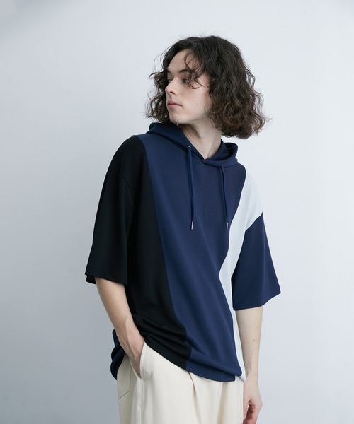 JUNRED（ジュンレッド）の「エアーシルケットカラーブロッキング半袖プルパーカー（パーカー・メンズ・ホワイト/ダークブラウン/ネイビー・LL/M/L）」の12枚目の写真