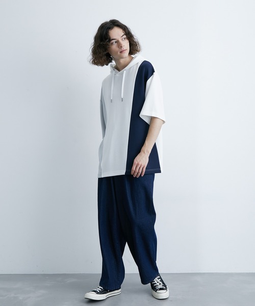 JUNRED（ジュンレッド）の「エアーシルケットカラーブロッキング半袖プルパーカー（パーカー・メンズ・ホワイト/ダークブラウン/ネイビー・LL/M/L）」の13枚目の写真