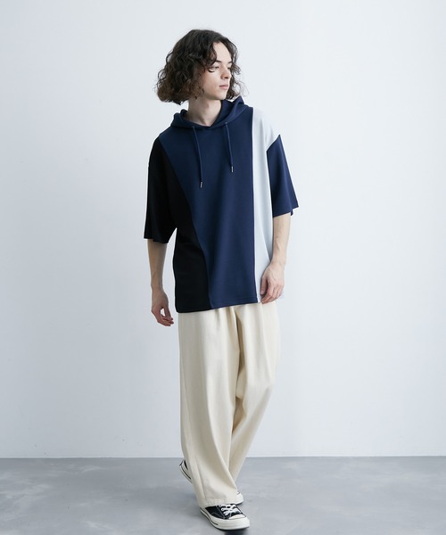 JUNRED（ジュンレッド）の「エアーシルケットカラーブロッキング半袖プルパーカー（パーカー・メンズ・ホワイト/ダークブラウン/ネイビー・LL/M/L）」の18枚目の写真