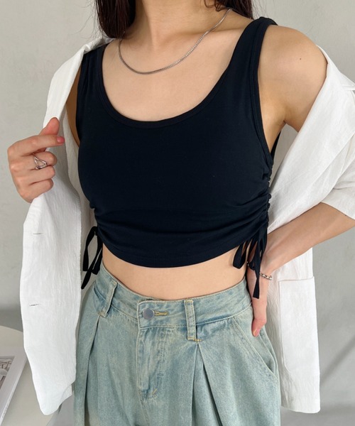 CLEA（クレア）の「サイドシャーリング カップ付きショートタンク（タンクトップ・レディース・ホワイト/ブルー/グレー/オリーブ/ブラック・FREE）」の16枚目の写真