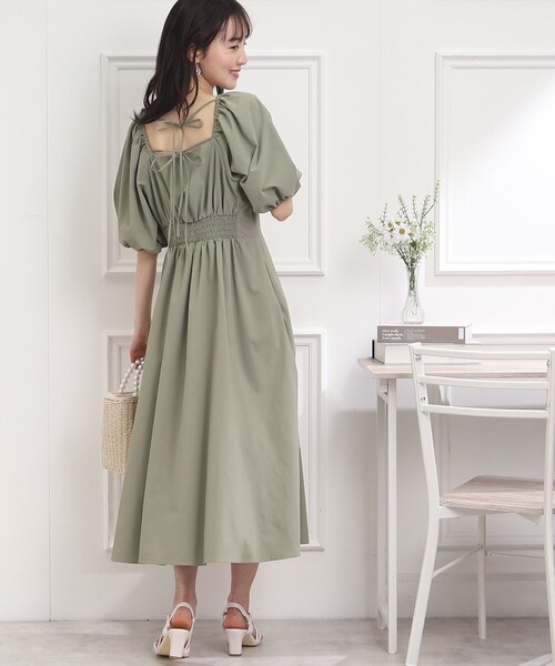 ナチュラルクチュール 2way千鳥格子ロングワンピース 袖バルーン 未