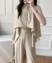 ケープデザインスタンドカラーラッフルシャツパンツセットアップ