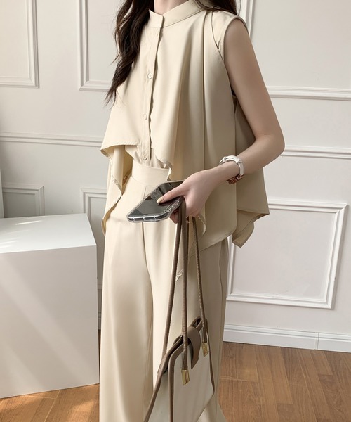 ABITOKYO（アビトーキョー）の「ケープデザインスタンドカラーラッフルシャツパンツセットアップ（セットアップ・レディース・ブラック/ベージュ/ブルーグレー・M/L）」の5枚目の写真