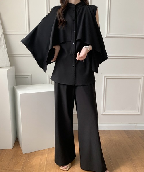 ABITOKYO（アビトーキョー）の「ケープデザインスタンドカラーラッフルシャツパンツセットアップ（セットアップ・レディース・ブラック/ベージュ/ブルーグレー・M/L）」の11枚目の写真