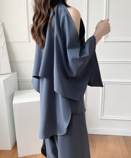 ABITOKYO（アビトーキョー）の「ケープデザインスタンドカラーラッフルシャツパンツセットアップ（セットアップ・レディース・ブラック/ベージュ/ブルーグレー・M/L）」の7枚目の写真