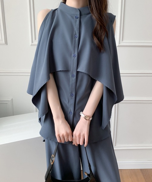 ABITOKYO（アビトーキョー）の「ケープデザインスタンドカラーラッフルシャツパンツセットアップ（セットアップ・レディース・ブラック/ベージュ/ブルーグレー・M/L）」の19枚目の写真