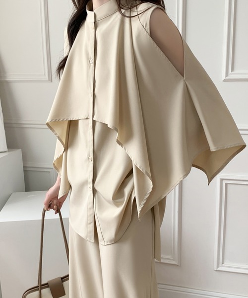 ABITOKYO（アビトーキョー）の「ケープデザインスタンドカラーラッフルシャツパンツセットアップ（セットアップ・レディース・ブラック/ベージュ/ブルーグレー・M/L）」の9枚目の写真
