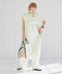 coen | コットンブレンドバンドカラーフレンチスリーブシャツワンピース(シャツワンピース)