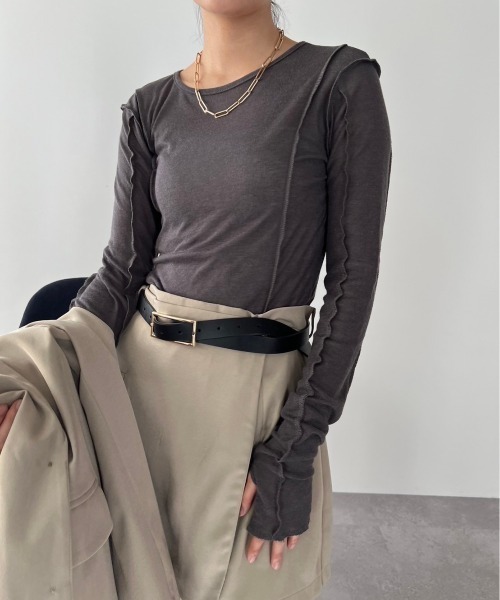 HANNE（アン）の「【てらまゆコラボ】デザインシアートップス（Tシャツ/カットソー・レディース・ホワイト/チャコールグレー/ブラウン/ブラック・FREE）」の4枚目の写真