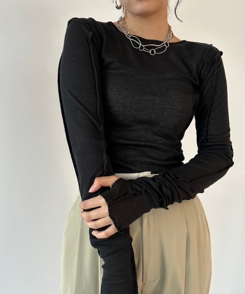 HANNE（アン）の「【てらまゆコラボ】デザインシアートップス（Tシャツ/カットソー・レディース・ホワイト/チャコールグレー/ブラウン/ブラック・FREE）」の3枚目の写真