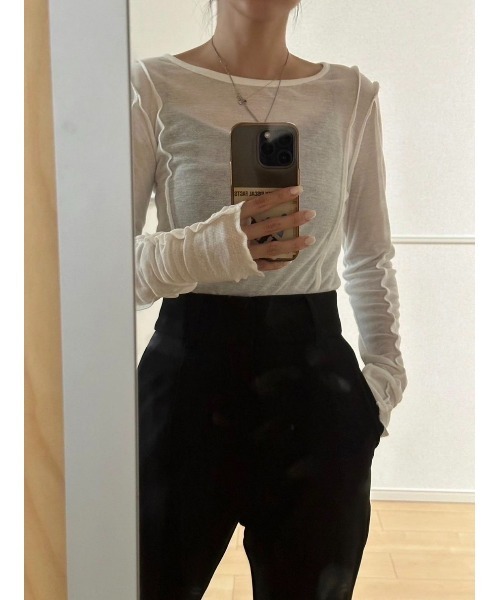 HANNE（アン）の「【てらまゆコラボ】デザインシアートップス（Tシャツ/カットソー・レディース・ホワイト/チャコールグレー/ブラウン/ブラック・FREE）」の5枚目の写真