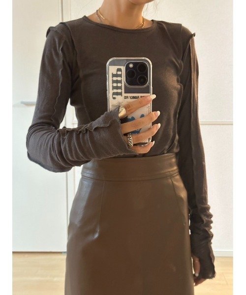 HANNE（アン）の「【てらまゆコラボ】デザインシアートップス（Tシャツ/カットソー・レディース・ホワイト/チャコールグレー/ブラウン/ブラック・FREE）」の6枚目の写真