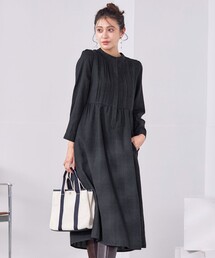 【洗える】バンドカラーチェック柄シャツワンピース