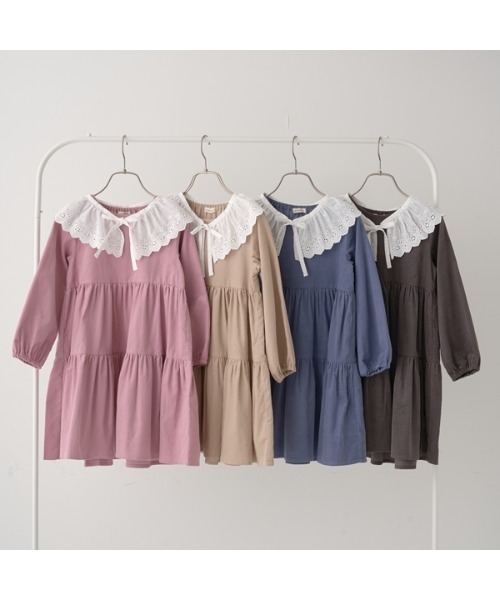Lycee mine（リセマイン）の「付け衿付きコーデュロイティアードワンピース（シャツワンピース・キッズ・ブルーグレー/ライトピンク/ライトベージュ/チャコール・110cm/120cm/130cm/140cm/150cm/100cm）」の5枚目の写真