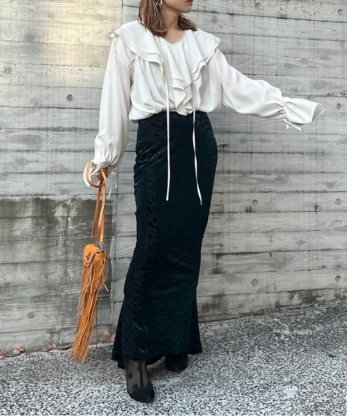 mi via loca（ミヴィアロカ）の「Vintageライク レオパード柄ベロアオパール マーメイドスカート（スカート・レディース・ブラック/グリーン・FREE）」の20枚目の写真