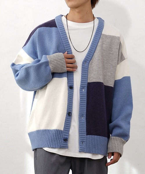 MinoriTY(マイノリティ)の「【MinoriTY】ふわふわビッグシルエットパッチワークカーディガン セーター ニット メンズ 秋服(カーディガン/ボレロ・メンズ・ブルー/ベージュ/グレー・L/M)」の6枚目の写真