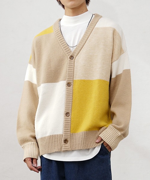 MinoriTY(マイノリティ)の「【MinoriTY】ふわふわビッグシルエットパッチワークカーディガン セーター ニット メンズ 秋服(カーディガン/ボレロ・メンズ・ブルー/ベージュ/グレー・L/M)」の4枚目の写真