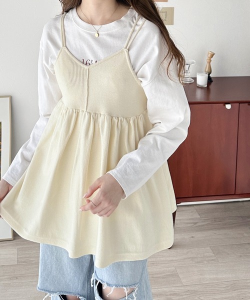 mily bilet(ミウィビレット)の「【mily bilet】一点投入でトレンド感UP。綿ニットフレアキャミソール(キャミソール・レディース・ブラック/アイボリー・LARGE/MEDIUM/SMALL/X-LARGE)」の1枚目の写真