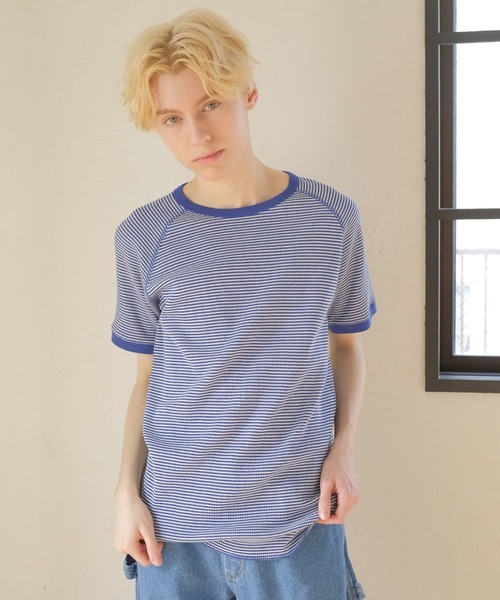 セール】ボーダーワッフルショートスリーブ T（Tシャツ
