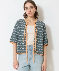 ラッフルボーダーリボンニットカーデ