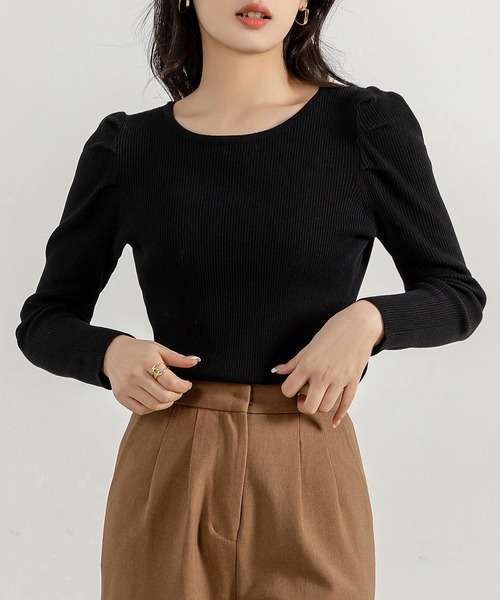 DAY CLOSET(デイ クローゼット)の「レディース 長袖パワショルきれいめリブニットトップス(ニット/セーター・レディース・ブラック/ベージュ/ホワイト・FREE)」の10枚目の写真