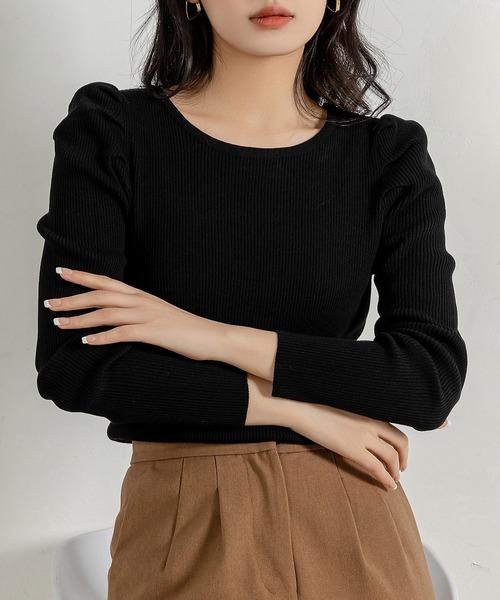 DAY CLOSET(デイ クローゼット)の「レディース 長袖パワショルきれいめリブニットトップス(ニット/セーター・レディース・ブラック/ベージュ/ホワイト・FREE)」の12枚目の写真