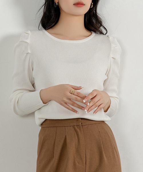 Rirandture❤︎袖パールが可愛いパワショルニット セール】レディース 長袖パワショルきれいめリブニットトップス