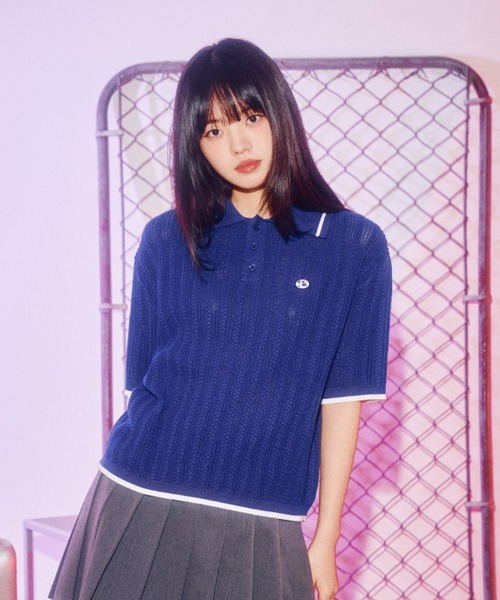 WOMAN) WAVE Symbol Cable SHORT SLEEVE Collar Knit