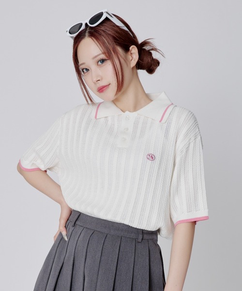 WOMAN) WAVE Symbol Cable SHORT SLEEVE Collar Knit