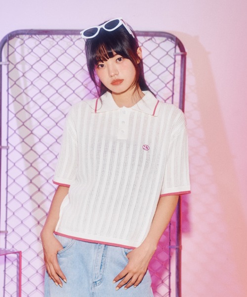 WOMAN) WAVE Symbol Cable SHORT SLEEVE Collar Knit