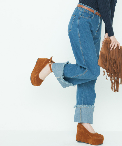 WEGO（ウィゴー）の「WEGO/ロールアップバギーパンツ（デニムパンツ・レディース・ダークインディゴブルー/インディゴブルー/ブラック・LARGE/MEDIUM）」の3枚目の写真