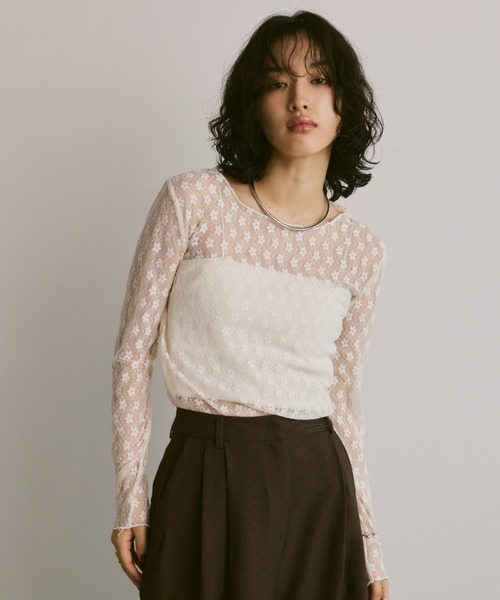 80s AD表記ナシ archive デザインレーストップス 黒 花 薔薇 セール】シアーフラワーレーストップス（Tシャツ/カットソー