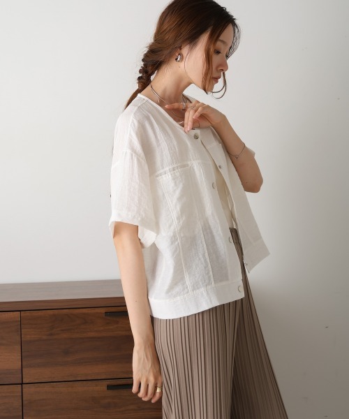 sirone コットン　ノーカラージャケット　ベージュ　美品 sirone コットンノーカラージャケットベージュ美品