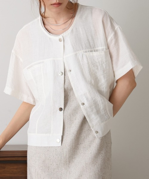Bab（バブ）の「コットンリネンノーカラージャケット（ノーカラージャケット・レディース・ブラック/オフホワイト/ナチュラル・M）」の9枚目の写真
