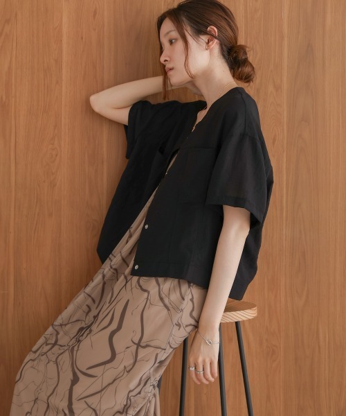 Bab（バブ）の「コットンリネンノーカラージャケット（ノーカラージャケット・レディース・ブラック/オフホワイト/ナチュラル・M）」の12枚目の写真