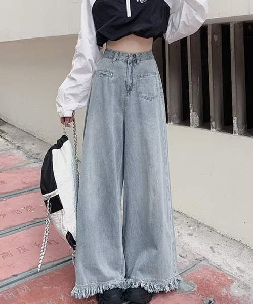 Miniministore(ミニミニストア)の「ワイドデニムパンツ 裾フリンジ ジーパン(デニムパンツ・レディース・インディゴブルー/サックスブルー・S/XL/M/L)」の6枚目の写真