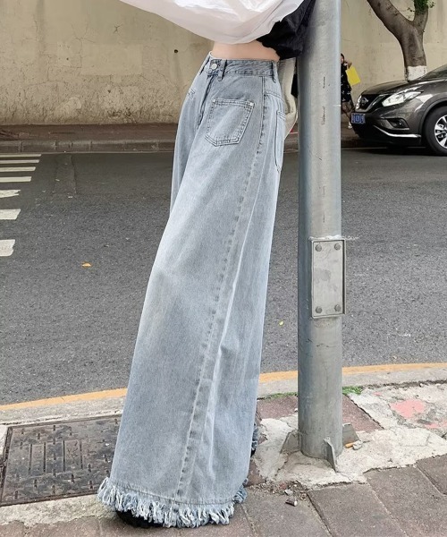 Miniministore(ミニミニストア)の「ワイドデニムパンツ 裾フリンジ ジーパン(デニムパンツ・レディース・インディゴブルー/サックスブルー・S/XL/M/L)」の7枚目の写真